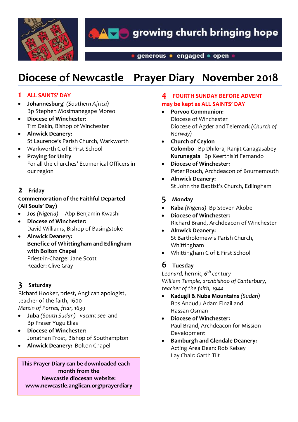 Diocese of Newcastle Prayer Diary November 2018