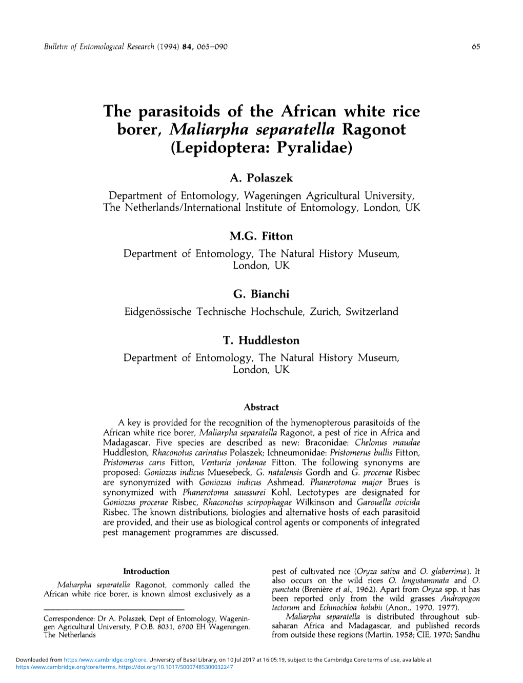The Parasitoids of the African White Rice Borer, Maliarpha Separatella Ragonot (Lepidoptera: Pyralidae)
