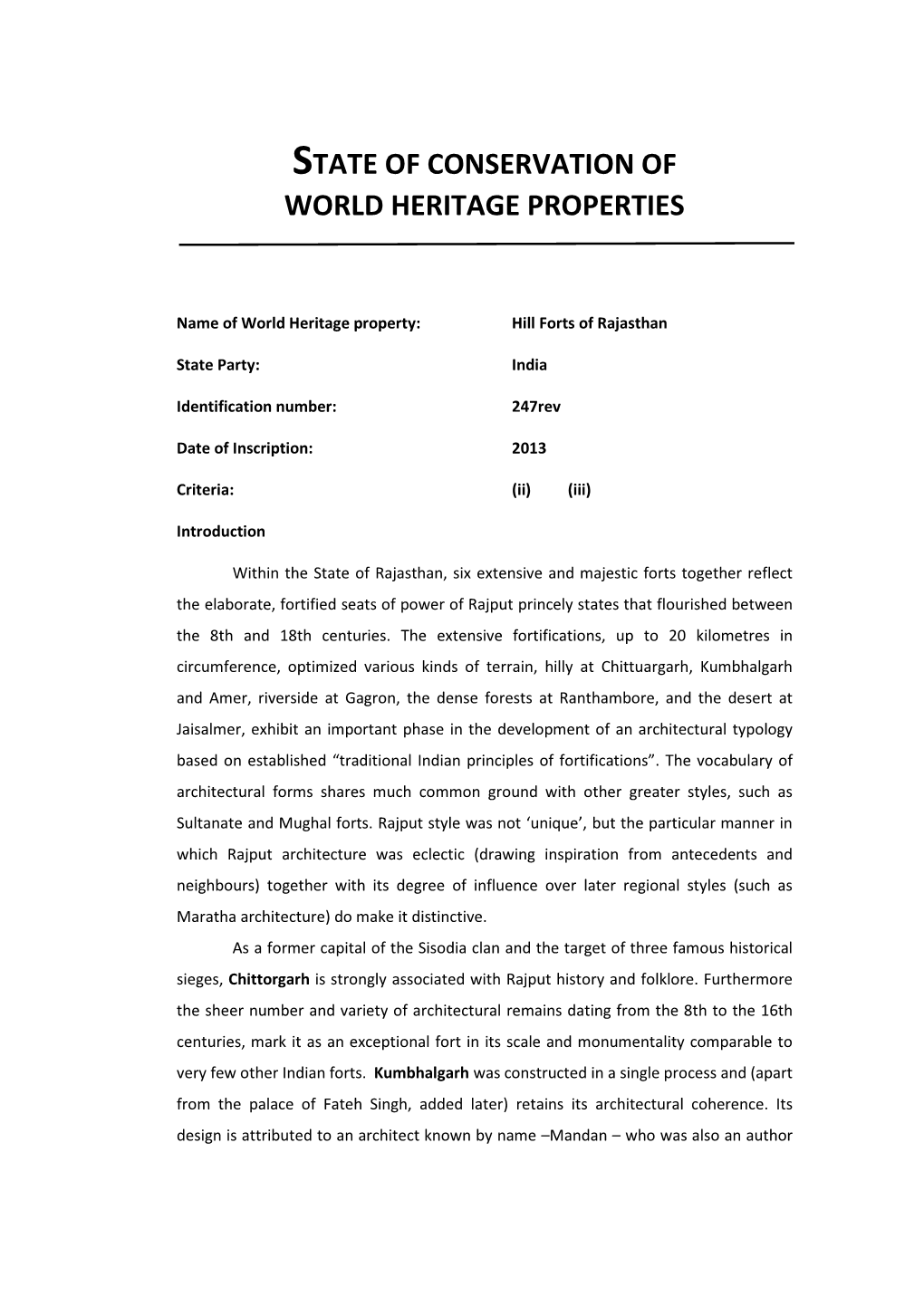 State of Conservation of World Heritage Properties