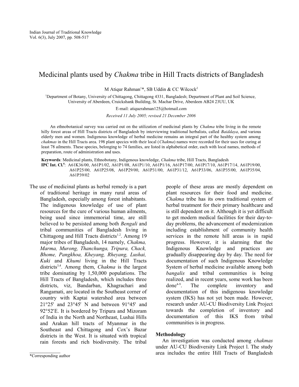 RAHMAN Et Al.: MEDICINAL PLANTS USED by CHAKMA TRIBE of BANGLADESH