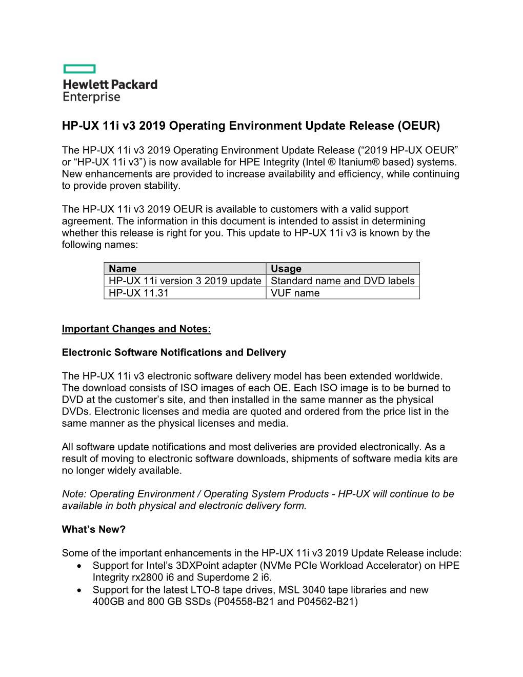HP-UX 11I V3 2019 Operating Environment Update Release (OEUR)