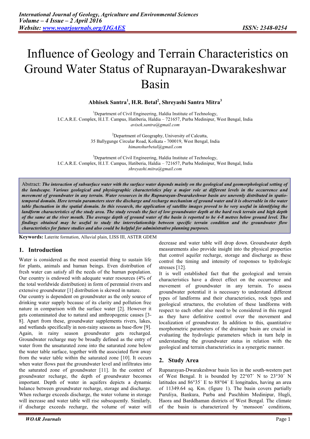 Influence of Geology and Terrain Characteristics on Ground Water Status of Rupnarayan-Dwarakeshwar Basin