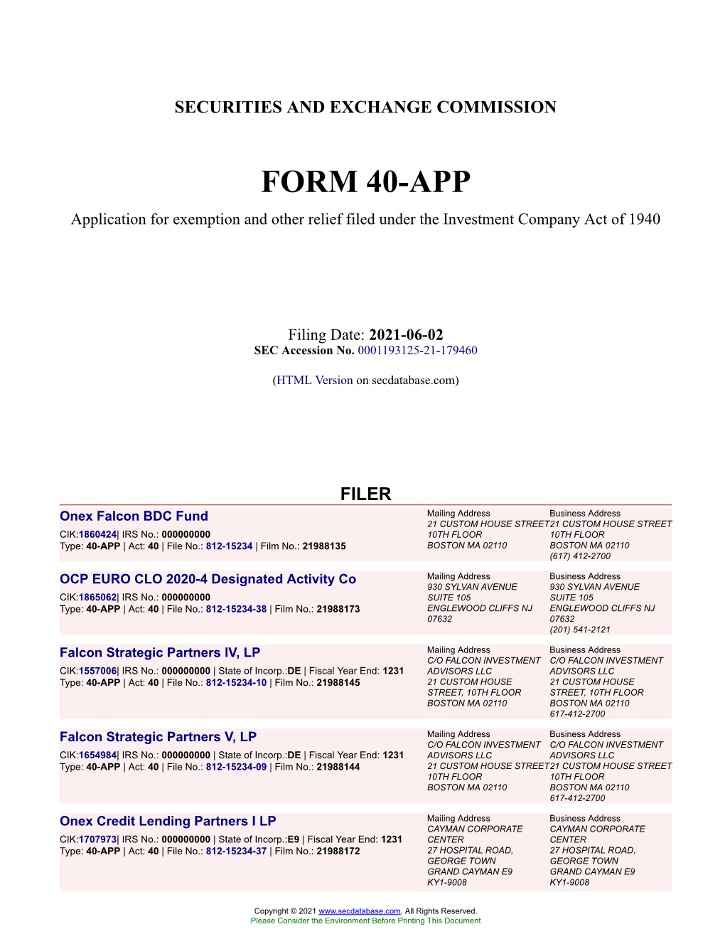 Onex Falcon BDC Fund Form 40-APP Filed 2021-06-02