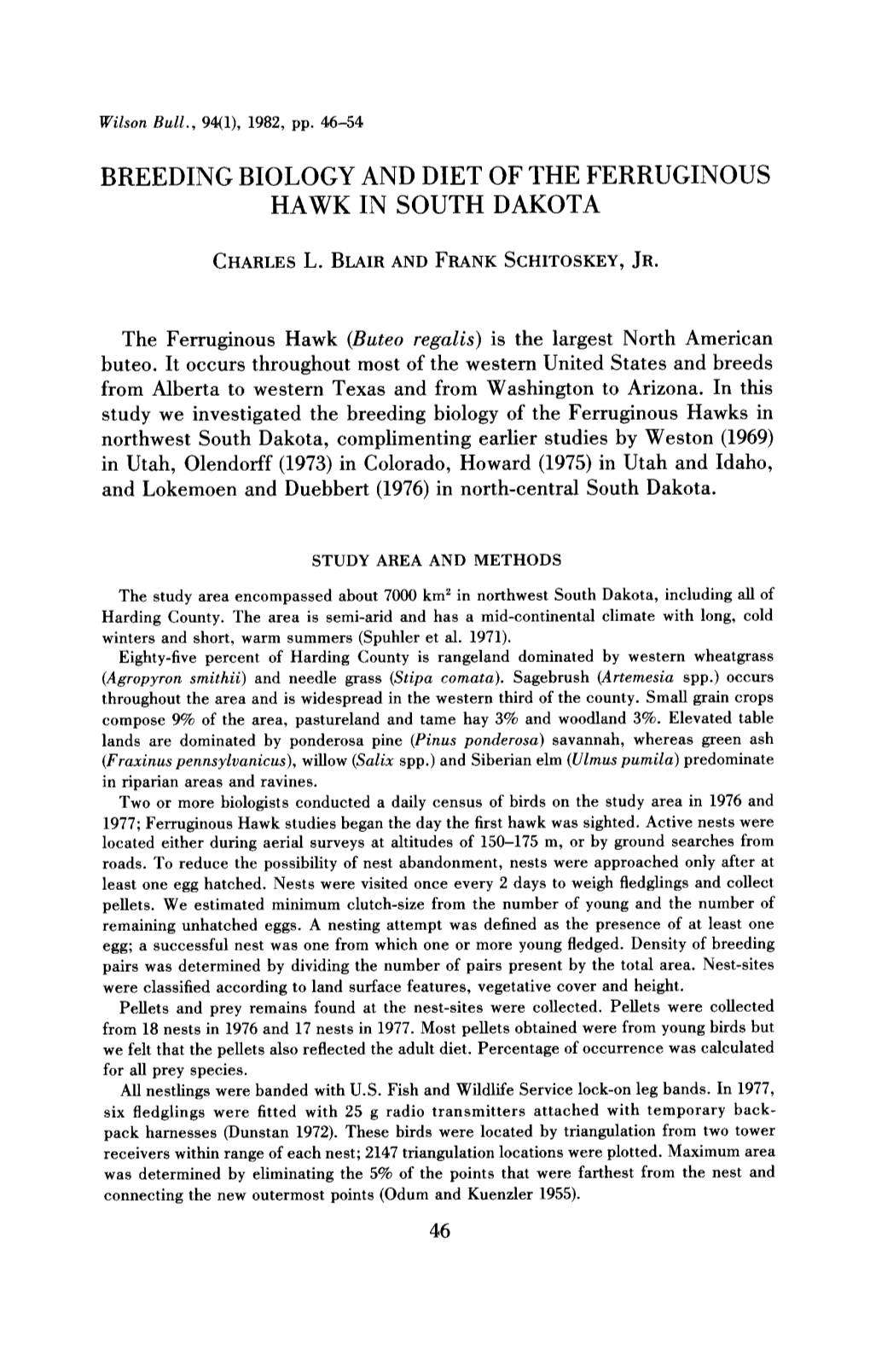 Breeding Biology and Diet of the Ferruginous Hawk in South Dakota