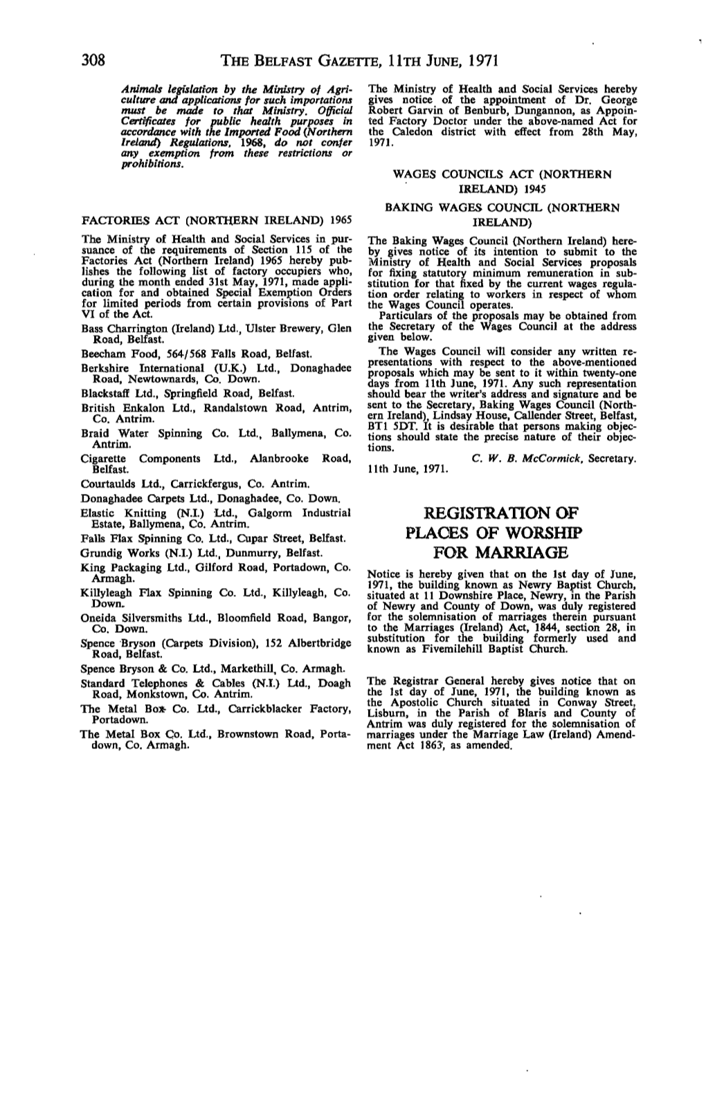 308 the Belfast Gazette, Hth June, 1971 Registration Of