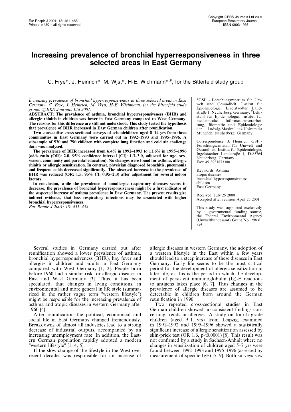 Increasing Prevalence of Bronchial Hyperresponsiveness in Three Selected Areas in East Germany