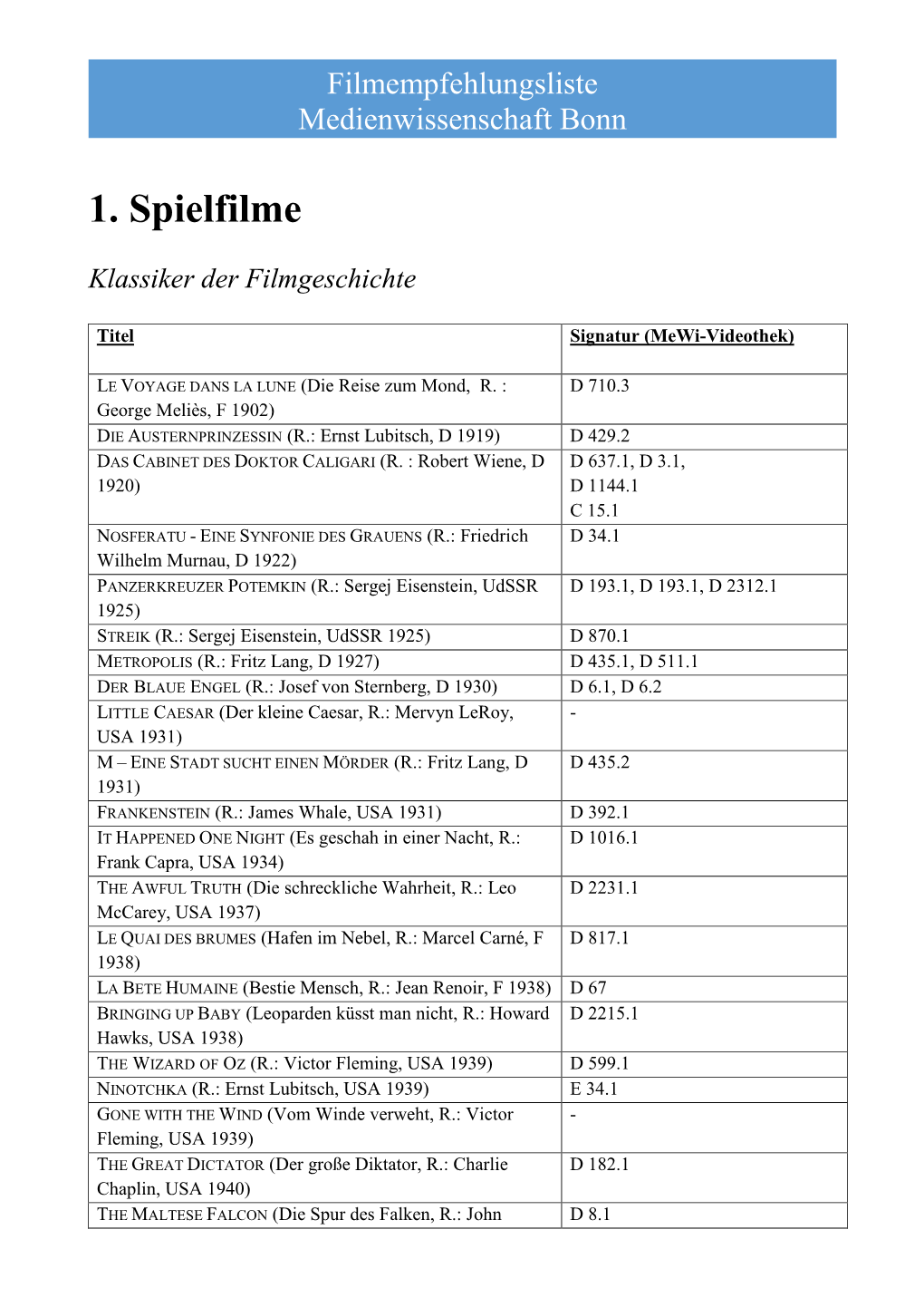 Filmempfehlungsliste Der Medienwissenschaft Universität Bonn