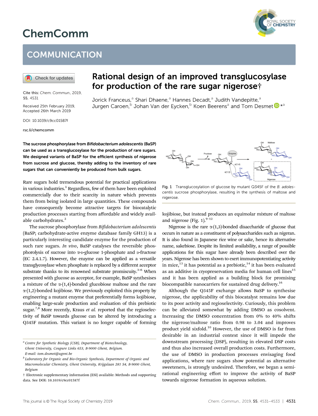 Rational Design of an Improved Transglucosylase for Production of the Rare Sugar Nigerose† Cite This: Chem