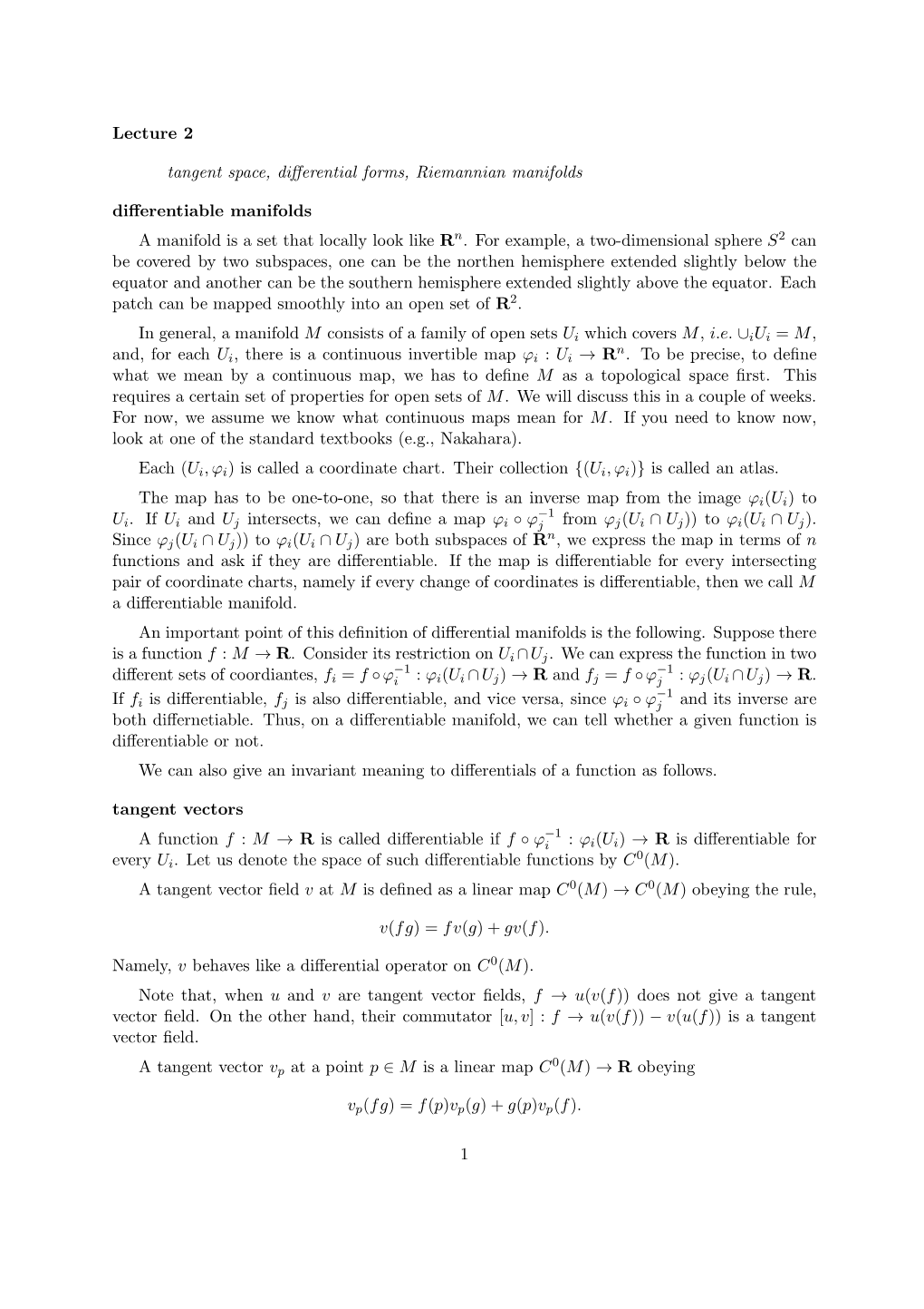 Lecture 2 Tangent Space, Differential Forms, Riemannian Manifolds