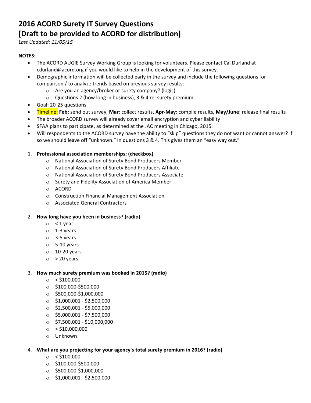 2016 ACORD Surety IT Survey Questions