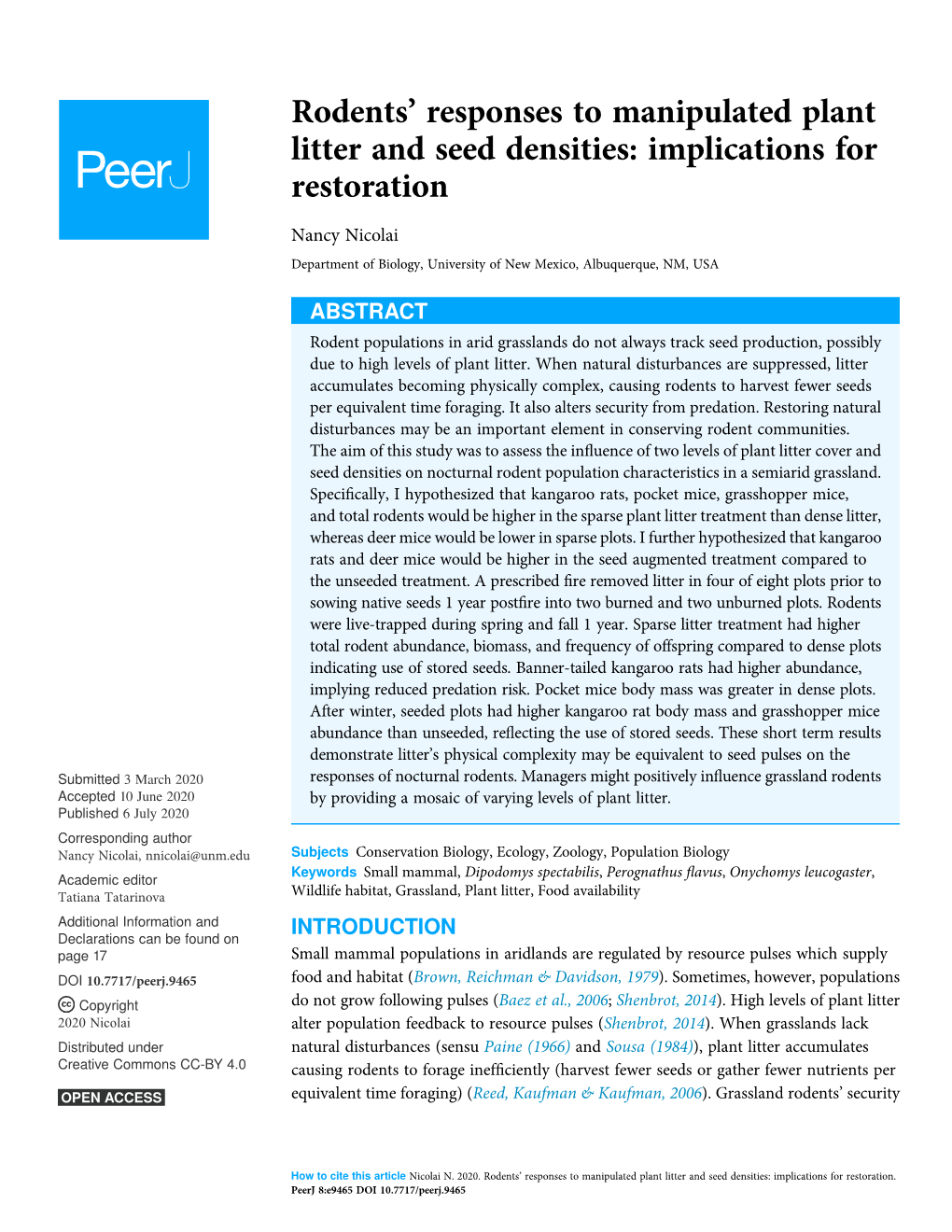 Rodents' Responses to Manipulated Plant Litter and Seed Densities