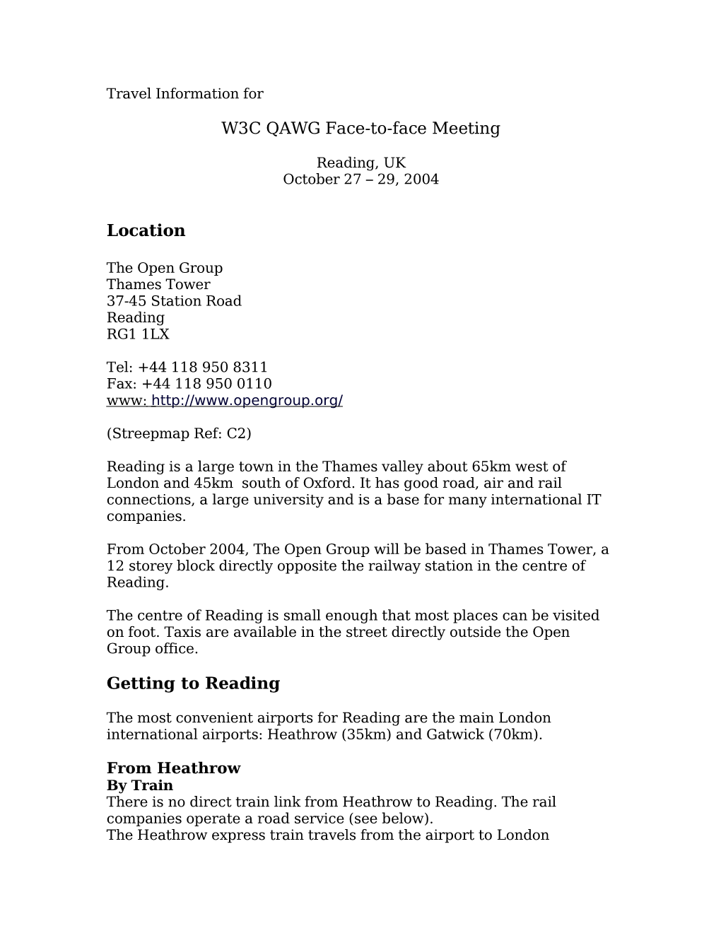 W3C QAWG Face-To-Face Meeting Location Getting to Reading