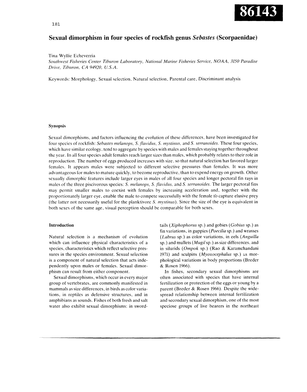 Sexual Dimorphism in Four Species of Rockfish Genus Sebastes (Scorpaenidae)