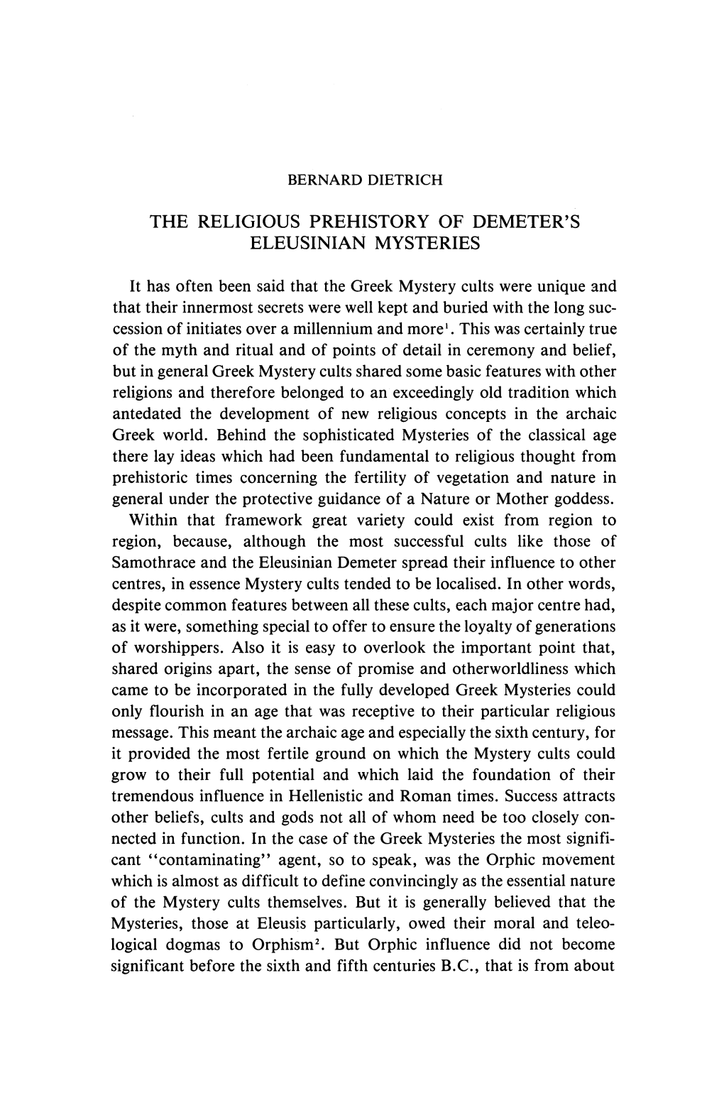 The Religious Prehistory of Demeter's Eleusinian Mysteries