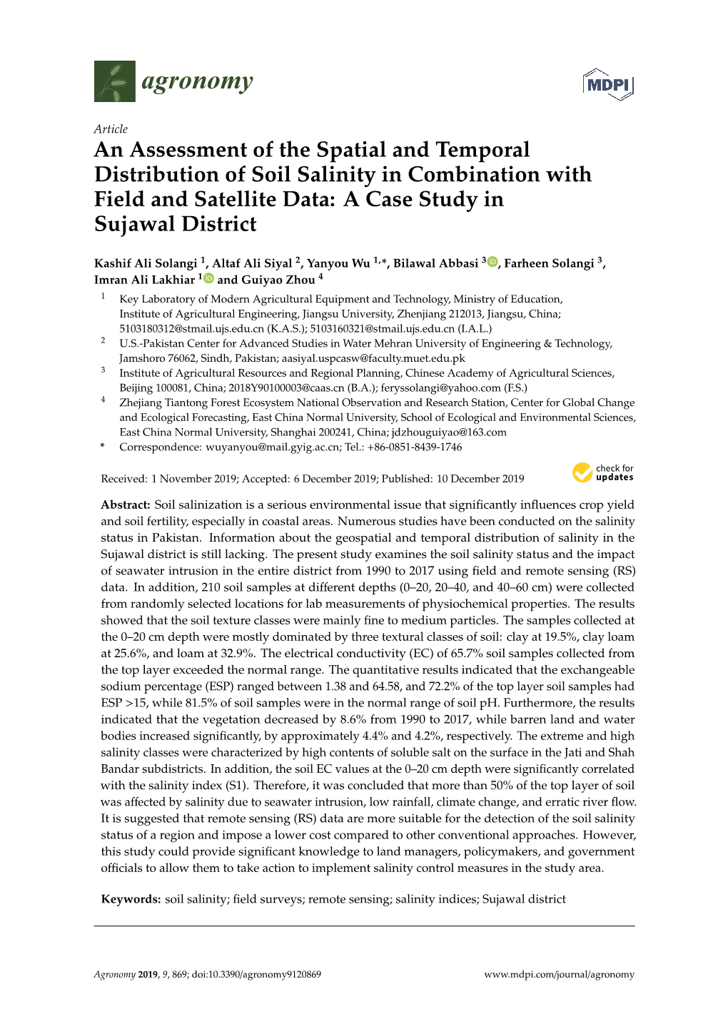 An Assessment of the Spatial and Temporal Distribution of Soil Salinity in Combination with Field and Satellite Data: a Case Study in Sujawal District