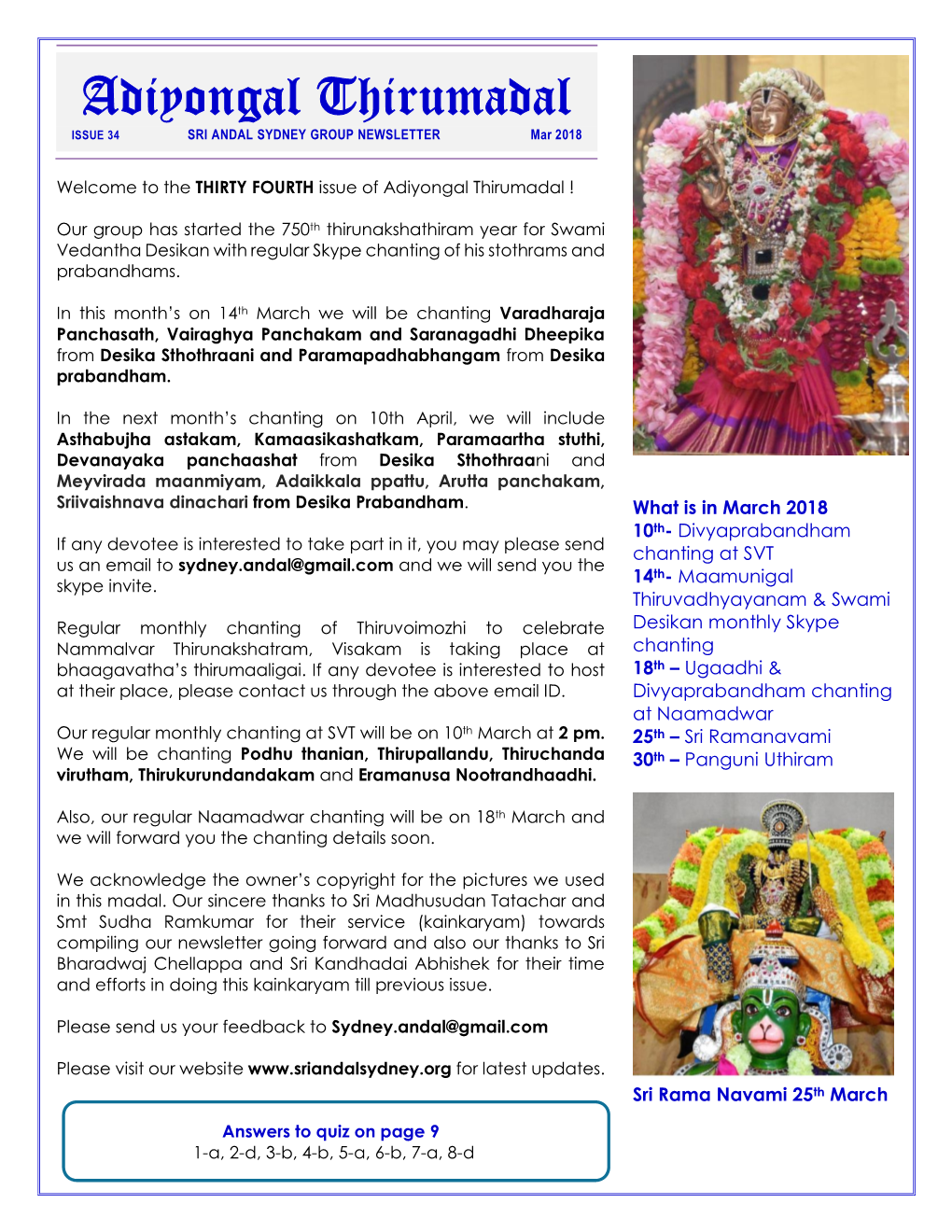 Adiyongal Thirumadal ISSUE 34 SRI ANDAL SYDNEY GROUP NEWSLETTER Mar 2018