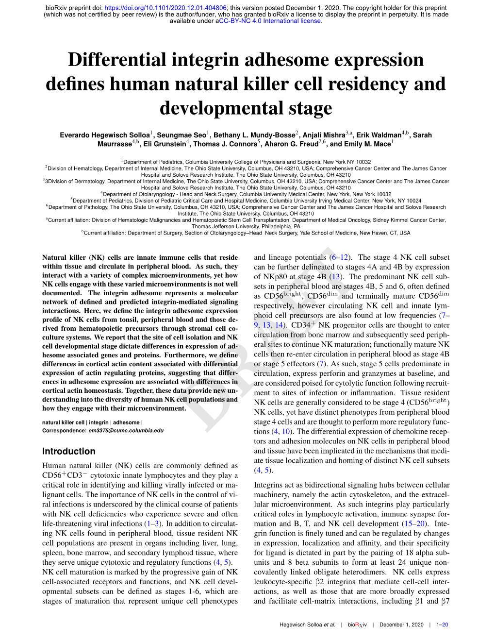 Differential Integrin Adhesome Expression Defines Human Natural