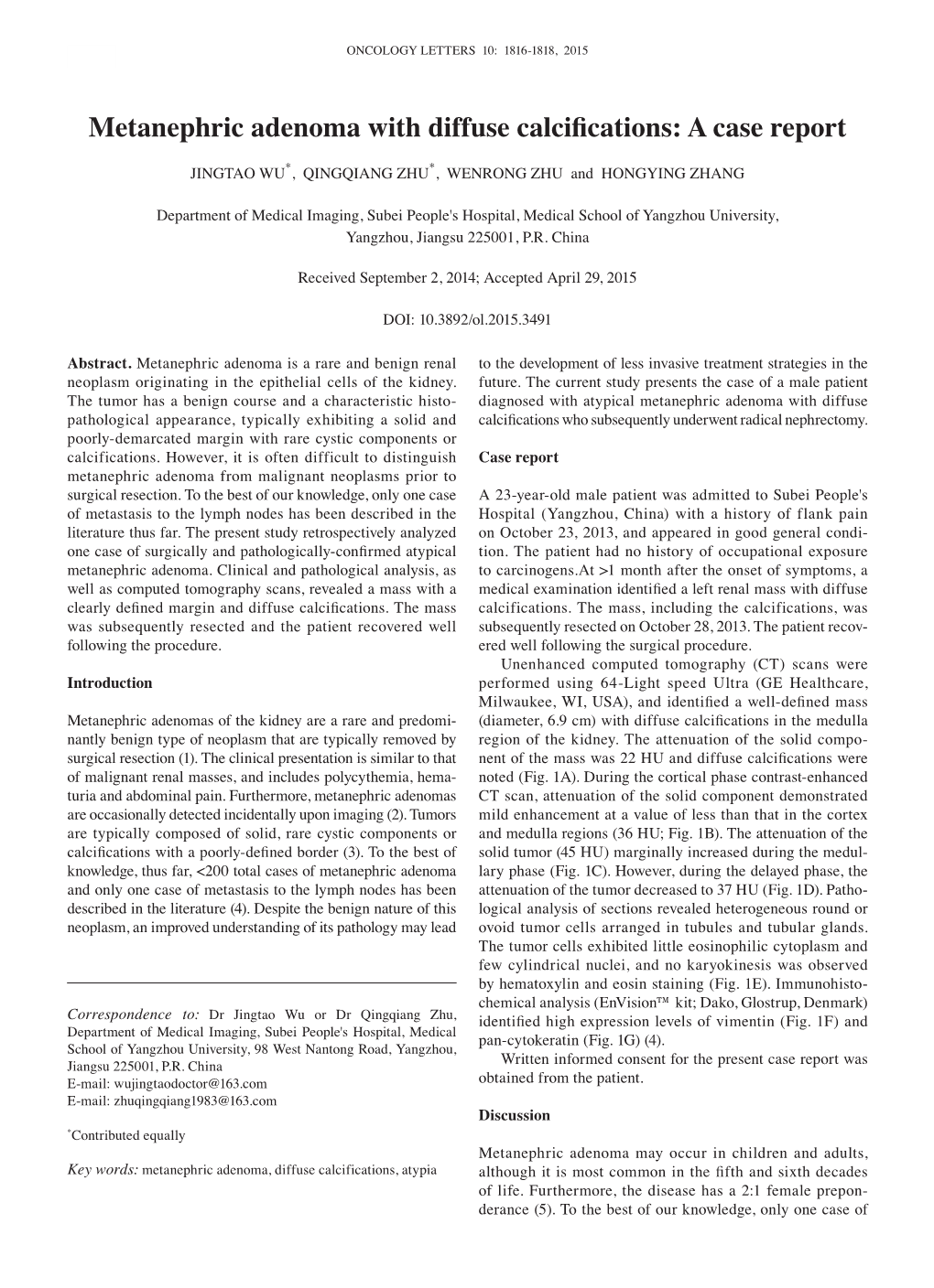 Metanephric Adenoma with Diffuse Calcifications: a Case Report