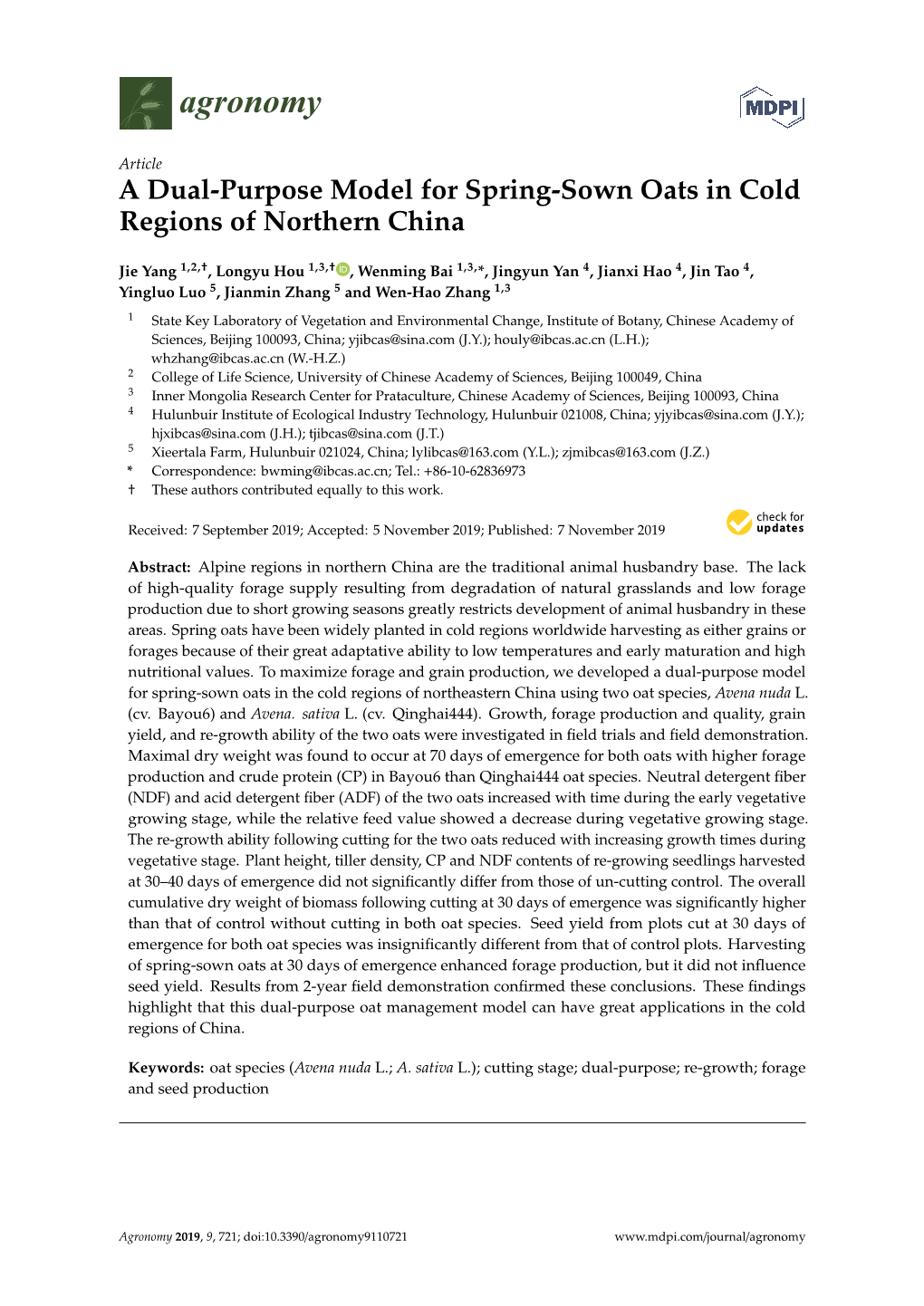 A Dual-Purpose Model for Spring-Sown Oats in Cold Regions of Northern China