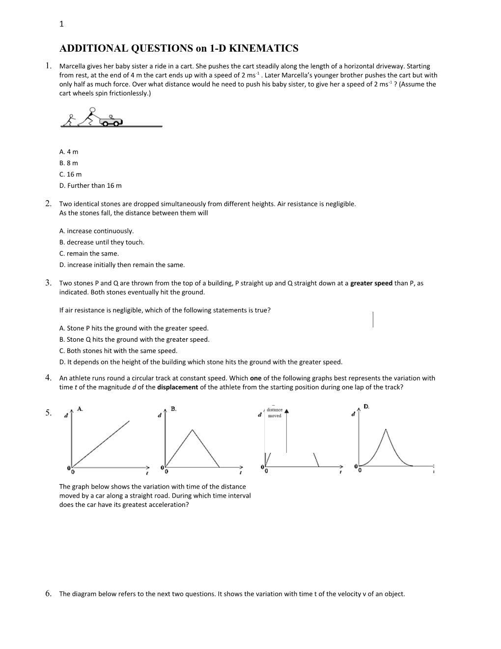 ADDITIONAL QUESTIONS on 1-D KINEMATIC S