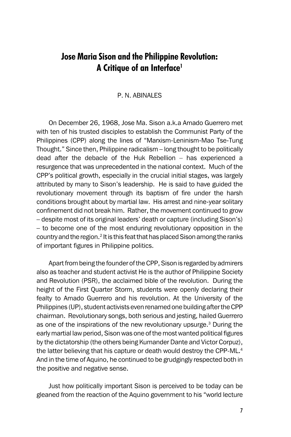 Jose Maria Sison and the Philippine Revolution: a Critique of an Interface1