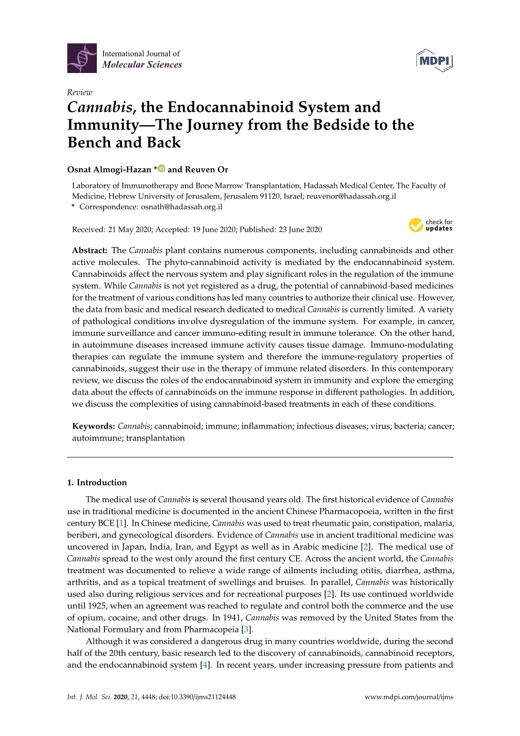 Cannabis, the Endocannabinoid System and Immunity—The Journey from the Bedside to the Bench and Back