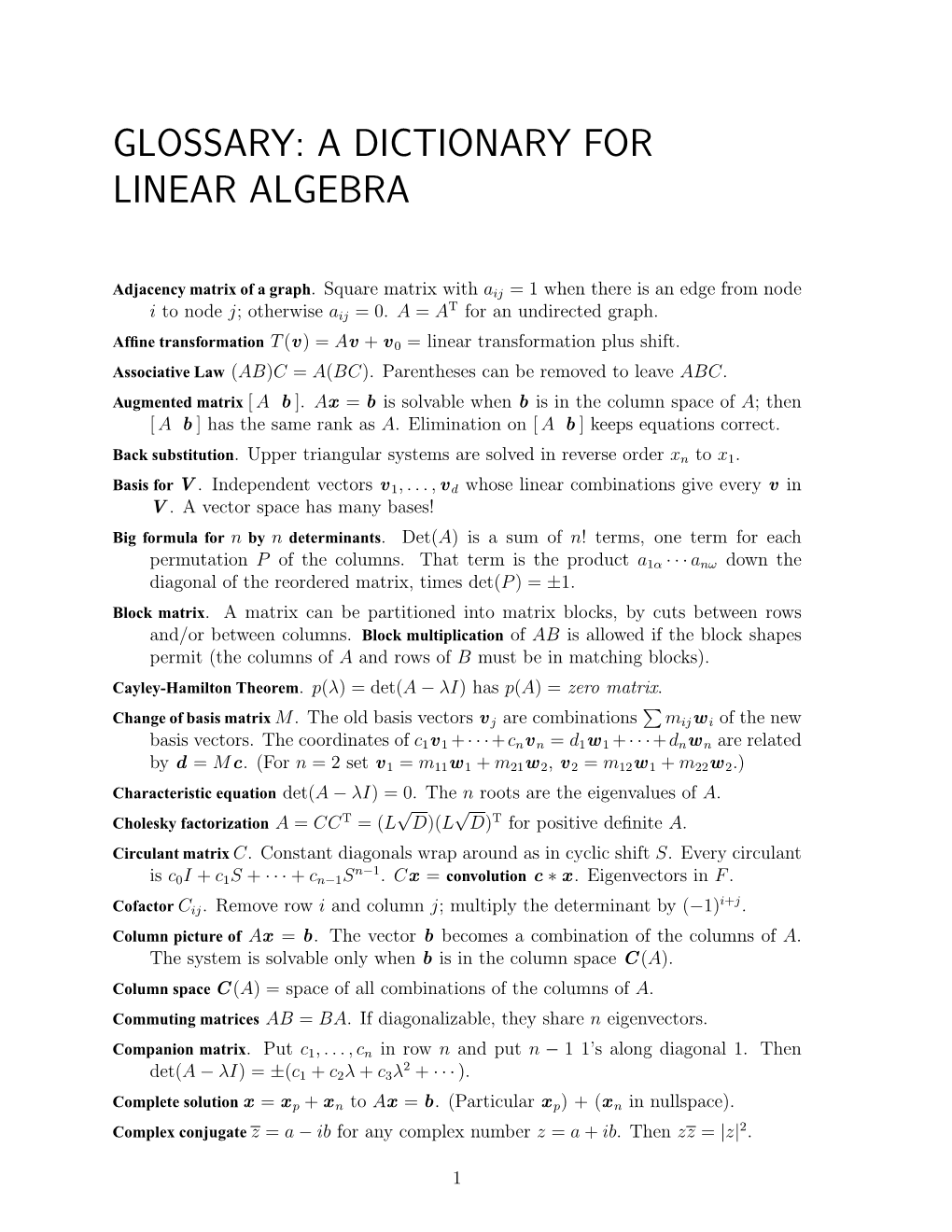 Glossary: a Dictionary for Linear Algebra