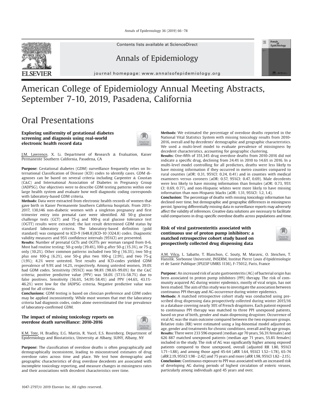 American College of Epidemiology Annual Meeting Abstracts, September 7-10, 2019, Pasadena, California