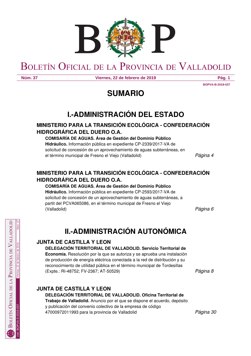 Sumario Boletín Oficial De La Provincia De Valladolid