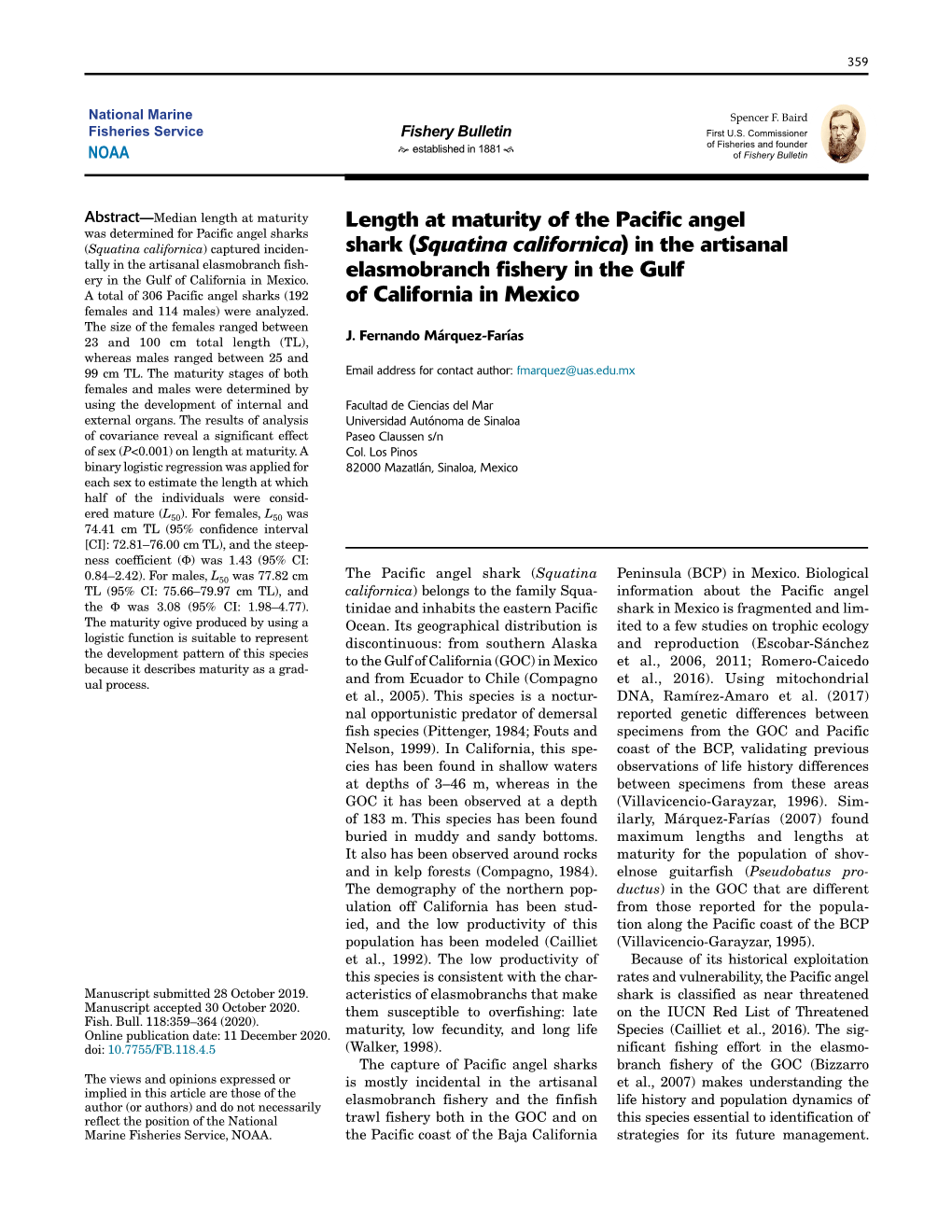 Length at Maturity of the Pacific Angel Shark (Squatina Californica) in the Artisanal Elasmobranch Fishery in the Gulf Of