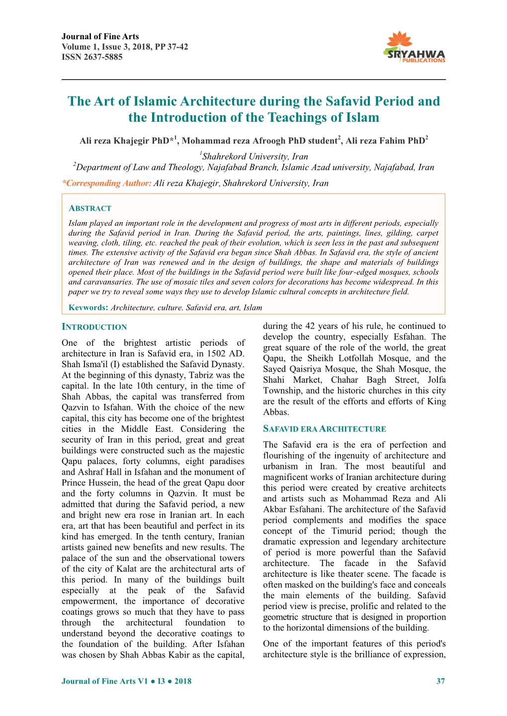 The Art of Islamic Architecture During the Safavid Period and the Introduction of the Teachings of Islam