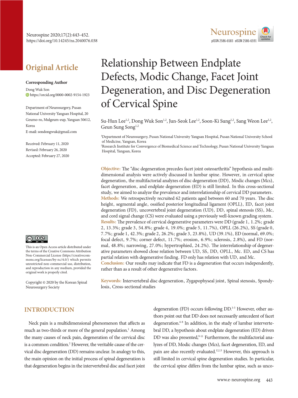 Relationship Between Endplate Defects, Modic Change, Facet Joint Degeneration, and Disc Degeneration of Cervical Spine