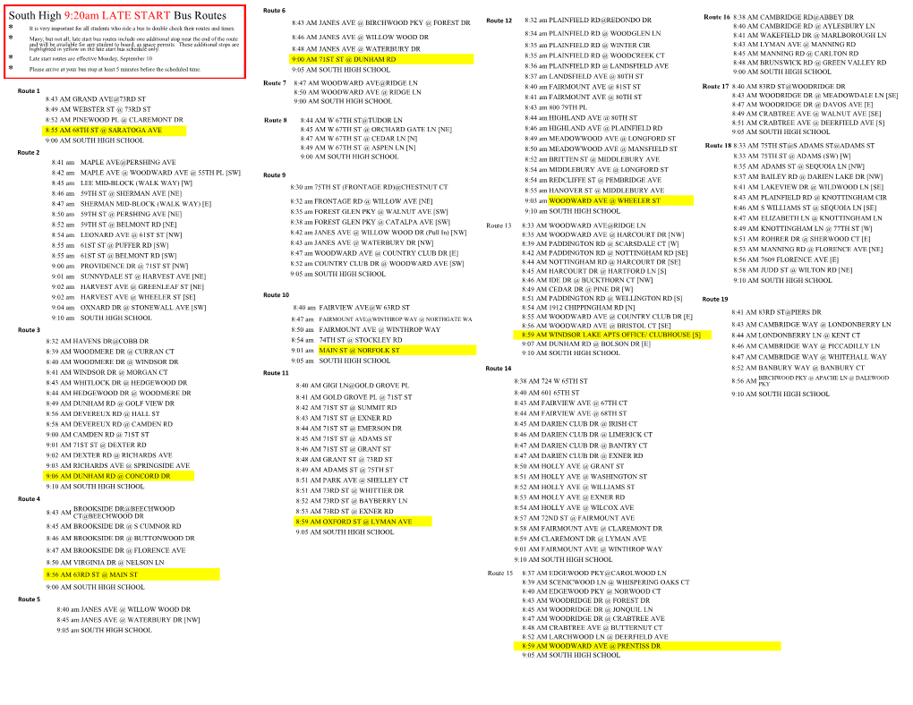 South High 9:20Am LATE START Bus Routes
