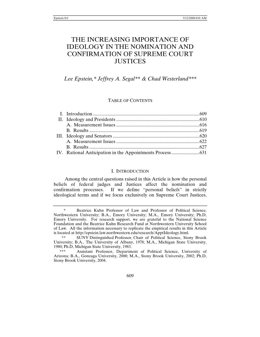 The Increasing Importance of Ideology in the Nomination and Confirmation of Supreme Court Justices