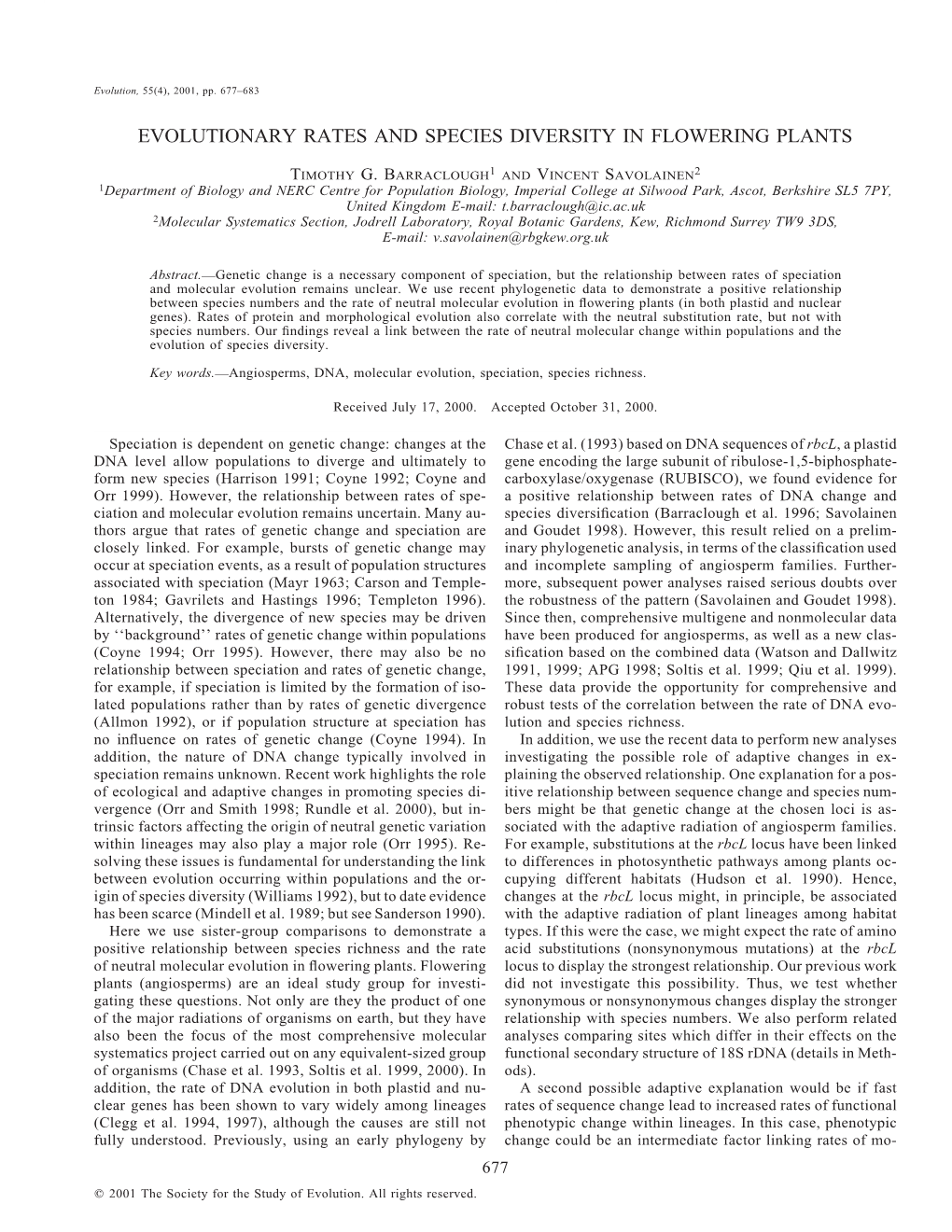 Evolutionary Rates and Species Diversity in Flowering Plants