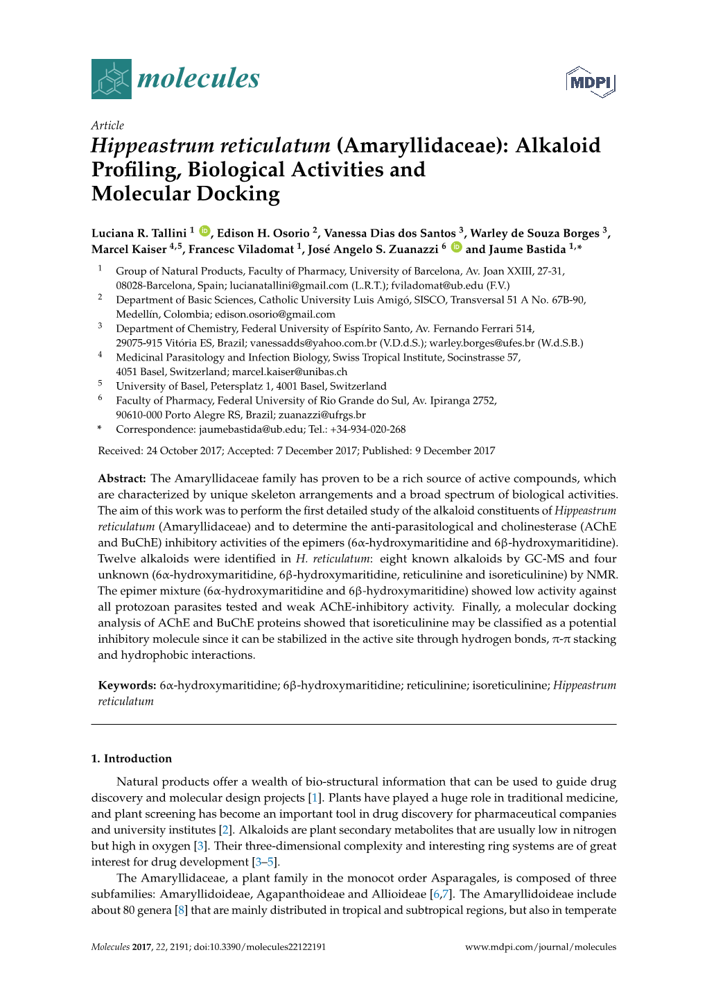 Hippeastrum Reticulatum (Amaryllidaceae): Alkaloid Proﬁling, Biological Activities and Molecular Docking