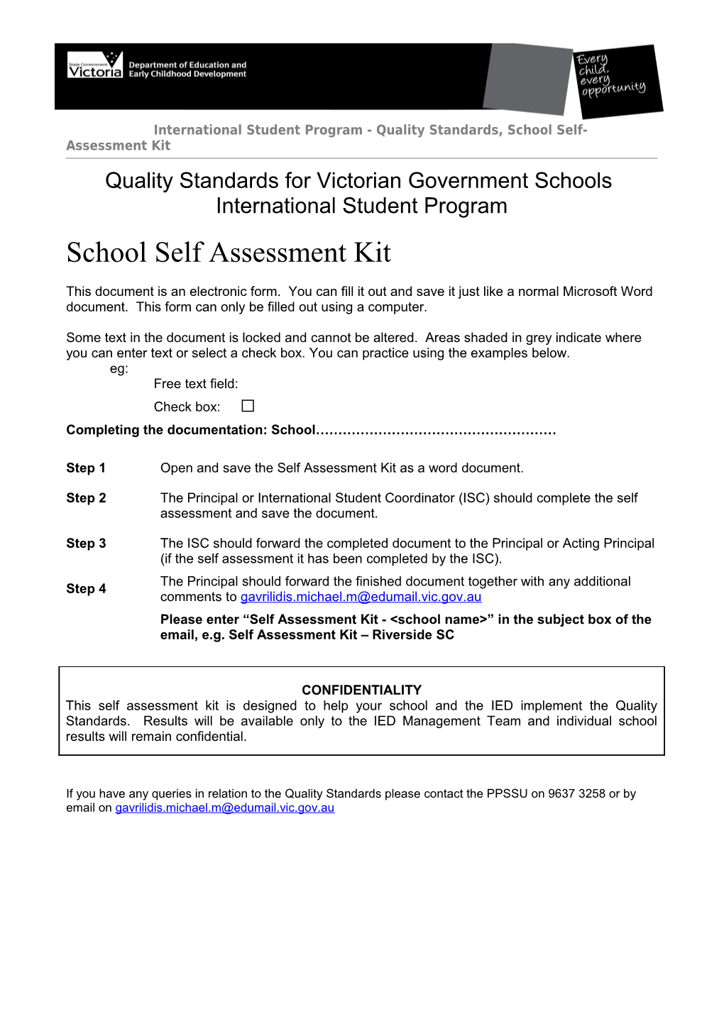 International Student Program - Quality Standards, School Self-Assessment Kit