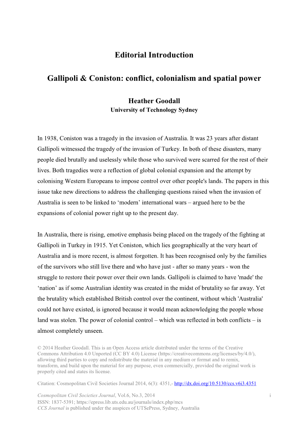 Editorial Introduction Gallipoli & Coniston: Conflict, Colonialism And