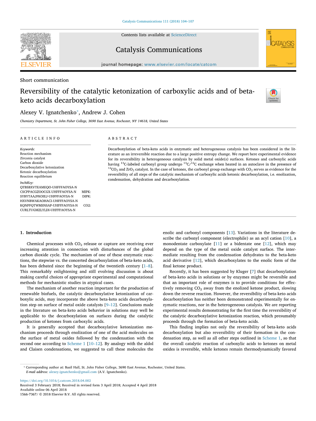 Reversibility of the Catalytic Ketonization of Carboxylic Acids and of Beta- T Keto Acids Decarboxylation ⁎ Alexey V