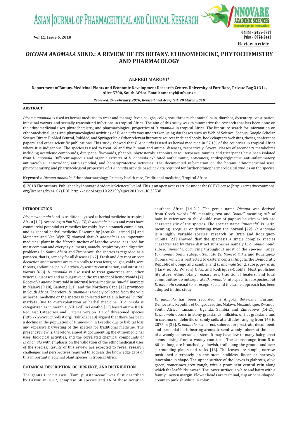 Dicoma Anomala Sond.: a Review of Its Botany, Ethnomedicine, Phytochemistry and Pharmacology