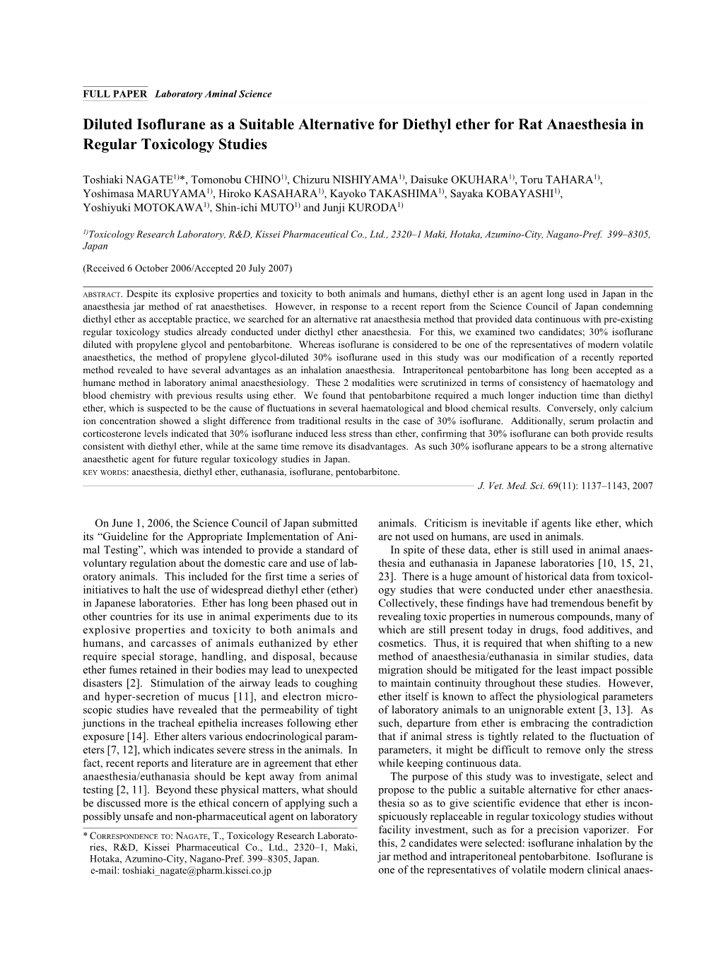 Diluted Isoflurane As a Suitable Alternative for Diethyl Ether for Rat Anaesthesia in Regular Toxicology Studies