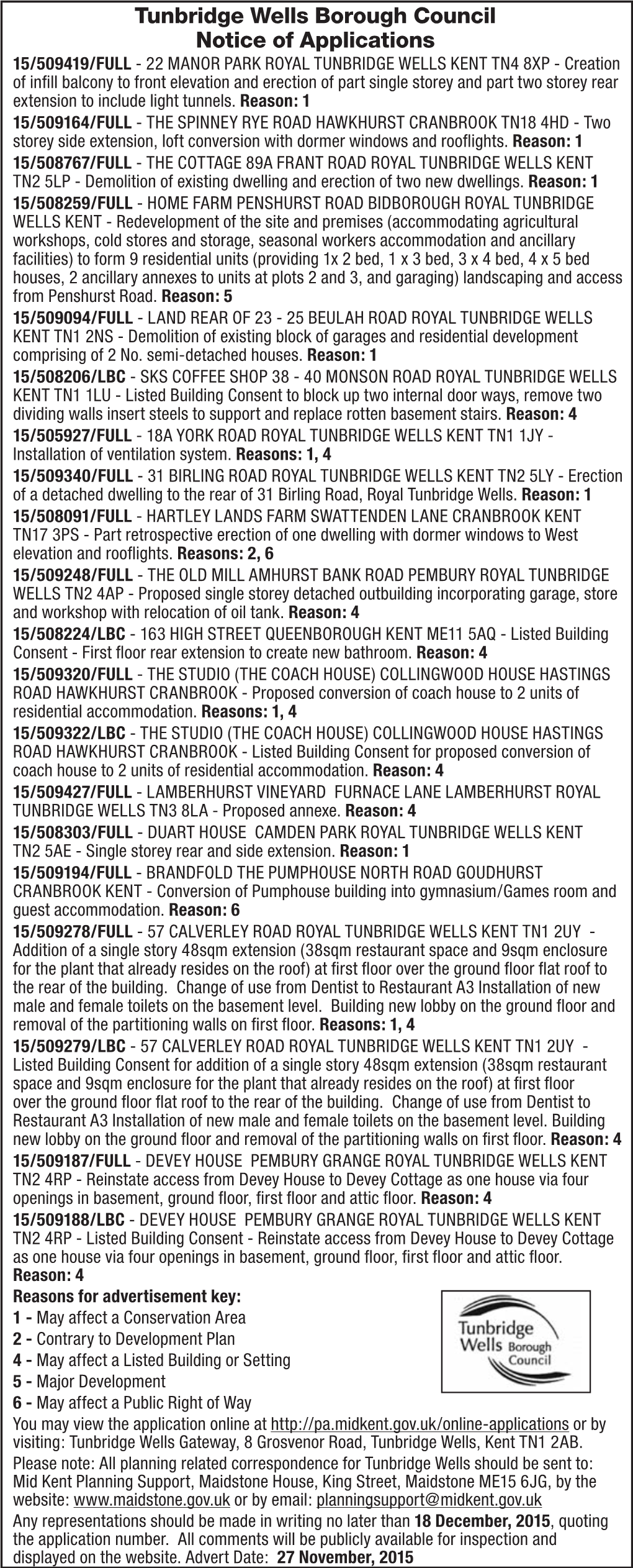 Tunbridge Wells Borough Council Notice of Applications