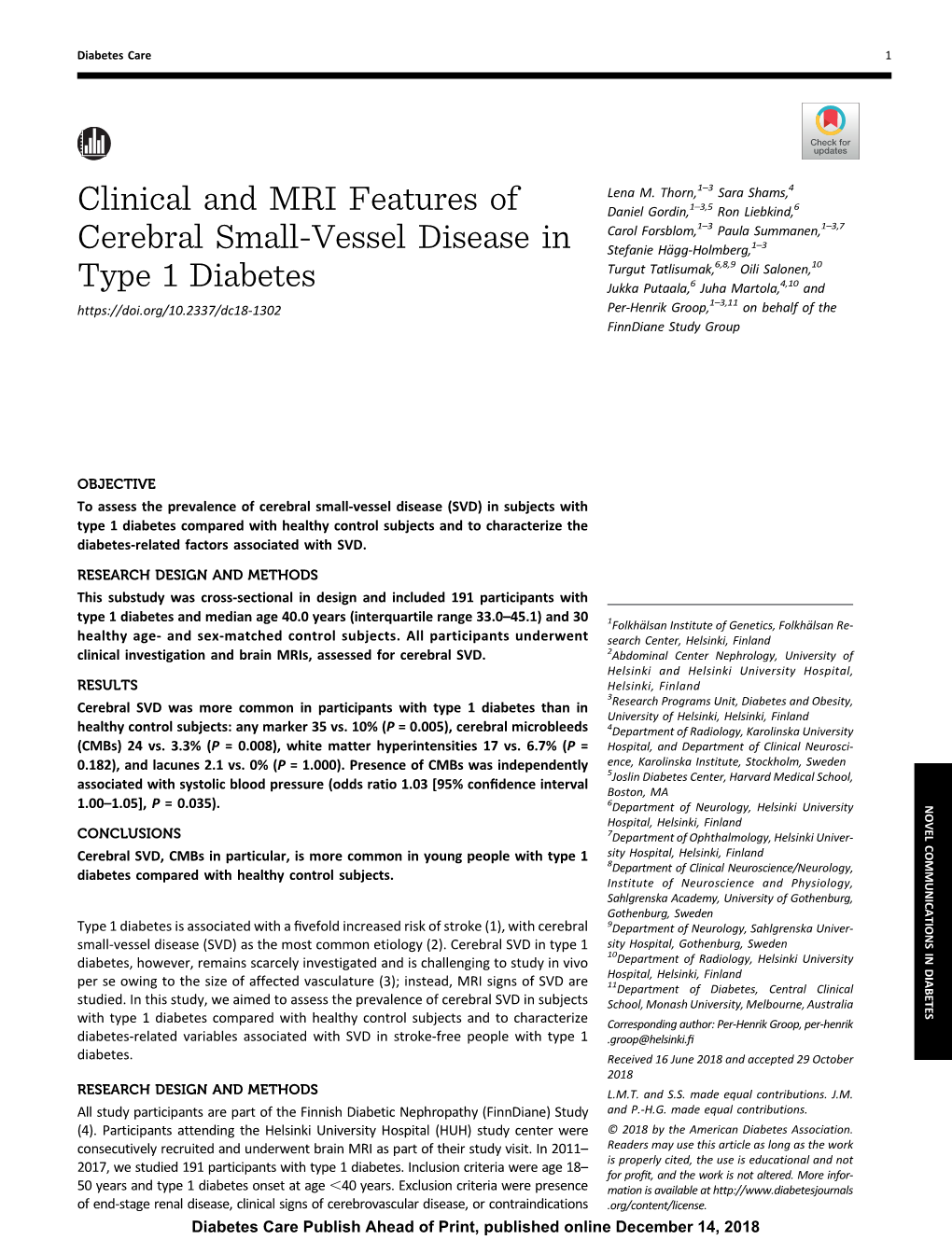 Clinical and MRI Features of Cerebral Small-Vessel Disease in Type 1