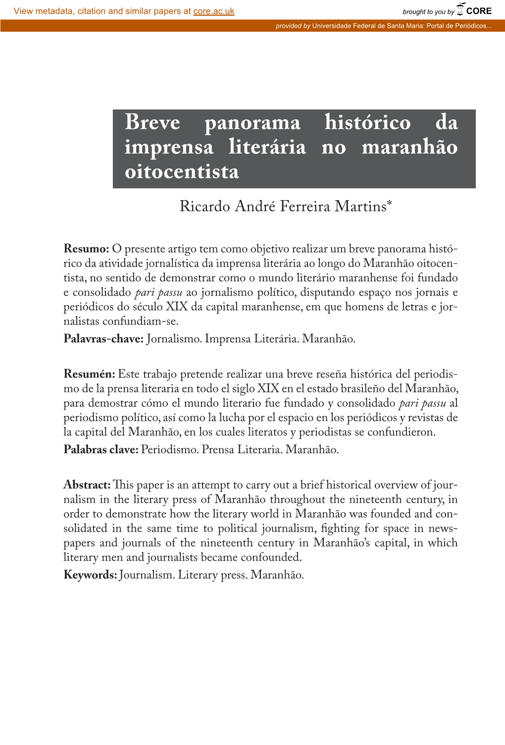 Breve Panorama Histórico Da Imprensa Literária No Maranhão Oitocentista Ricardo André Ferreira Martins*