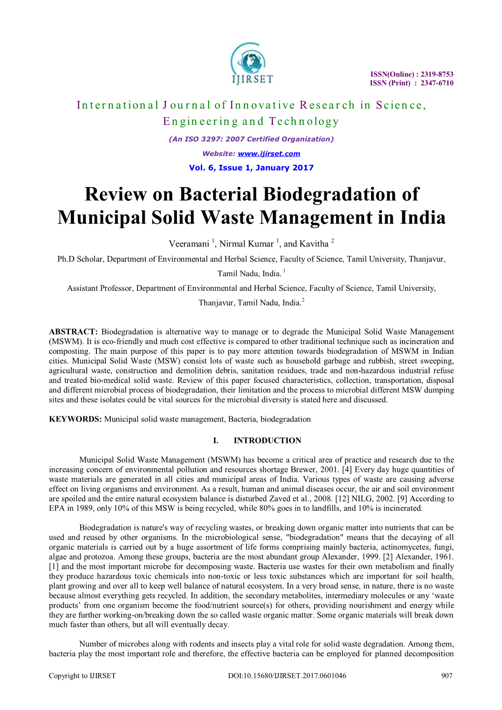 Review on Bacterial Biodegradation of Municipal Solid Waste Management in India