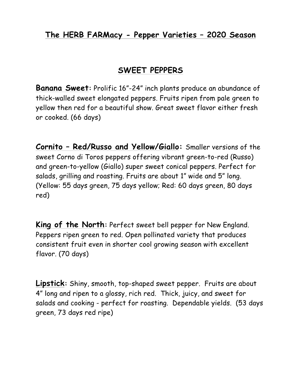 Pepper Varieties – 2020 Season SWEET