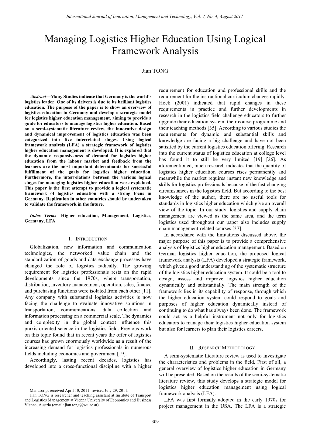 Managing Logistics Higher Education Using Logical Framework Analysis