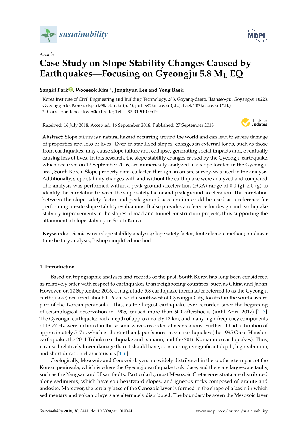 Case Study on Slope Stability Changes Caused by Earthquakes—Focusing on Gyeongju 5.8 ML EQ