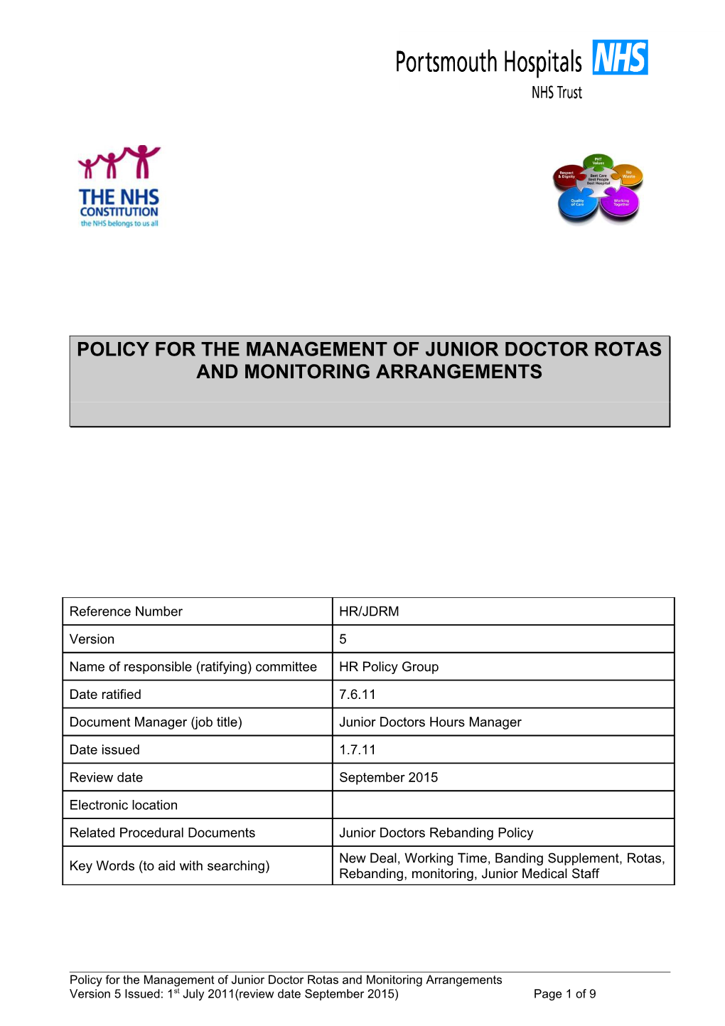 PHT Junior Doctors Rotas and Monitoring Arrangements Policy