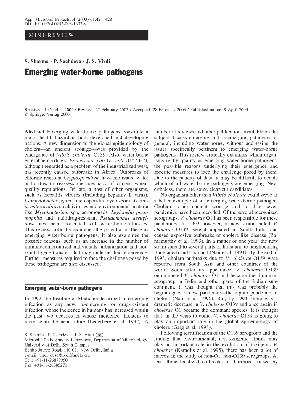 Emerging Water-Borne Pathogens